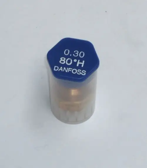 Danfoss Öl-Düse mit blauer Kappe, beschriftet mit 0,30 gph und 80°H, kompatibel mit Daikin Heizgeräten für Öl-Brennwerttechnik.